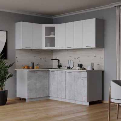 Кухонный гарнитур Интерлиния Мила 12x19 (белый платинум/бетон/бискайская сосна)