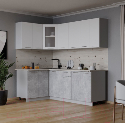Кухонный гарнитур Интерлиния Мила 12x20 (белый платинум/бетон/бискайская сосна)