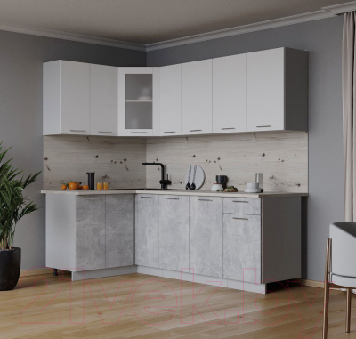 Кухонный гарнитур Интерлиния Мила 12x21 (белый платинум/бетон/бискайская сосна)