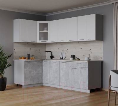 Кухонный гарнитур Интерлиния Мила 12x23 (белый платинум/бетон/бискайская сосна)
