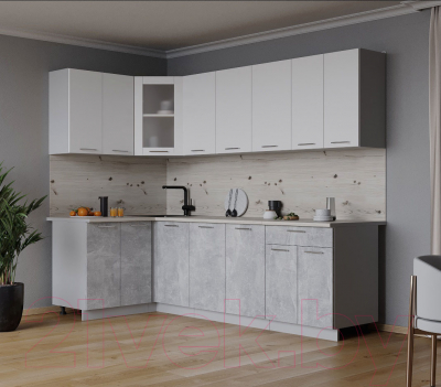 Кухонный гарнитур Интерлиния Мила 12x24 (белый платинум/бетон/бискайская сосна)