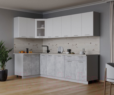Кухонный гарнитур Интерлиния Мила 12x25 (белый платинум/бетон/бискайская сосна)