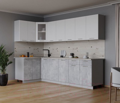 Кухонный гарнитур Интерлиния Мила 12x26 (белый платинум/бетон/бискайская сосна)