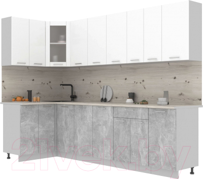 Кухонный гарнитур Интерлиния Мила 12x28 (белый платинум/бетон/бискайская сосна) - фото