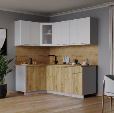 Кухонный гарнитур Интерлиния Мила 12x19 (белый платинум/дуб золотой/дуб бунратти)