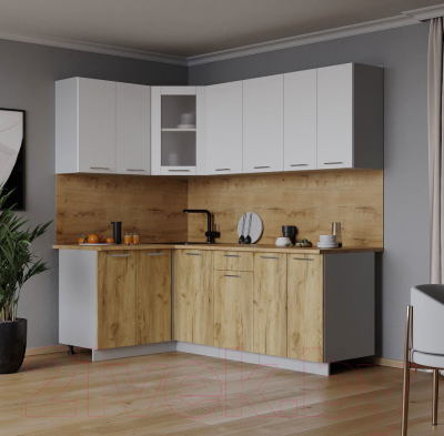 Кухонный гарнитур Интерлиния Мила 12x20 (белый платинум/дуб золотой/дуб бунратти)
