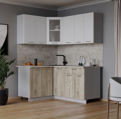 Кухонный гарнитур Интерлиния Мила 12x16 (белый платинум/дуб серый/малага)