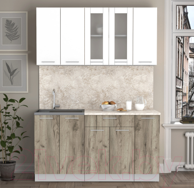 Кухонный гарнитур Интерлиния Мила 15 (белый платинум/дуб серый/малага)