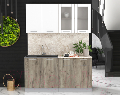 Кухонный гарнитур Интерлиния Мила 16 (белый платинум/дуб серый/малага)