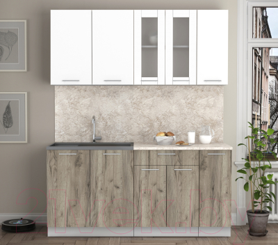 Кухонный гарнитур Интерлиния Мила 17 (белый платинум/дуб серый/малага)