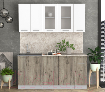 Кухонный гарнитур Интерлиния Мила 17-60 (белый платинум/дуб серый/малага)