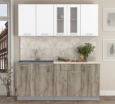 Кухонный гарнитур Интерлиния Мила 18 (белый платинум/дуб серый/малага)