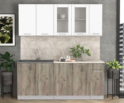 Кухонный гарнитур Интерлиния Мила 19 (белый платинум/дуб серый/малага)