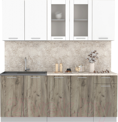 Кухонный гарнитур Интерлиния Мила 20 (белый платинум/дуб серый/малага) - фото