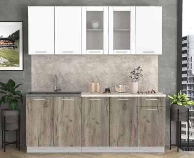 Кухонный гарнитур Интерлиния Мила 20 (белый платинум/дуб серый/малага)