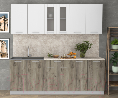 Кухонный гарнитур Интерлиния Мила 22 (белый платинум/дуб серый/малага)