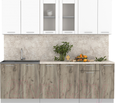 Кухонный гарнитур Интерлиния Мила 23 (белый платинум/дуб серый/малага) - фото