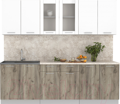 Кухонный гарнитур Интерлиния Мила 24 (белый платинум/дуб серый/малага) - фото