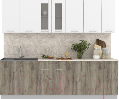 Кухонный гарнитур Интерлиния Мила 25 (белый платинум/дуб серый/малага) - фото