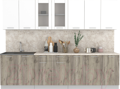 Кухонный гарнитур Интерлиния Мила 28 (белый платинум/дуб серый/малага) - фото