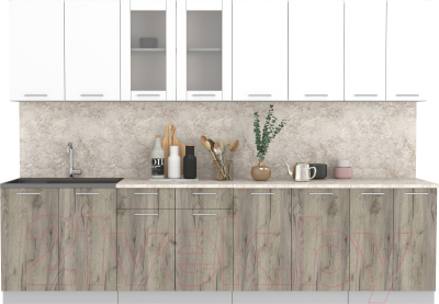 Кухонный гарнитур Интерлиния Мила 30 (белый платинум/дуб серый/малага) - фото