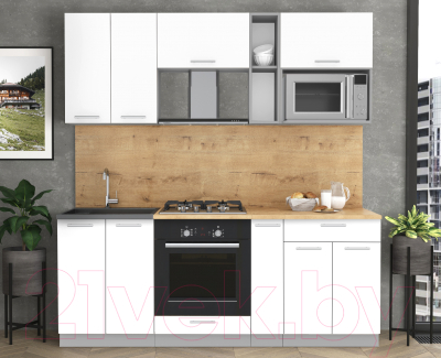 Кухонный гарнитур Интерлиния Мила 2.0 ВТ (белый платинум/белый платинум/дуб бунратти)