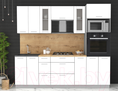 Кухонный гарнитур Интерлиния Мила 2.4 ВТ (белый платинум/белый платинум/дуб бунратти)