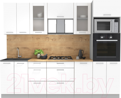 Кухонный гарнитур Интерлиния Мила 2.6 ВТ (белый платинум/белый платинум/дуб бунратти) - фото