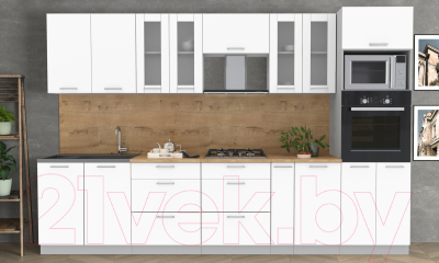 Кухонный гарнитур Интерлиния Мила 3.2 ВТ (белый платинум/белый платинум/дуб бунратти)