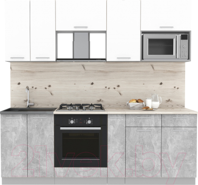 Кухонный гарнитур Интерлиния Мила 2.2 ВТ (белый платинум/бетон/бискайская сосна) - фото