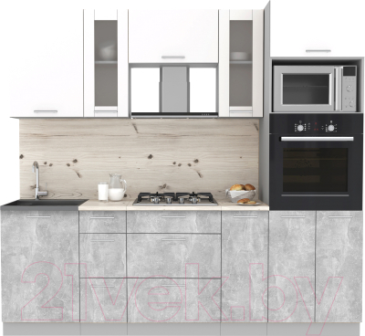 Кухонный гарнитур Интерлиния Мила 2.3 ВТ (белый платинум/бетон/бискайская сосна)