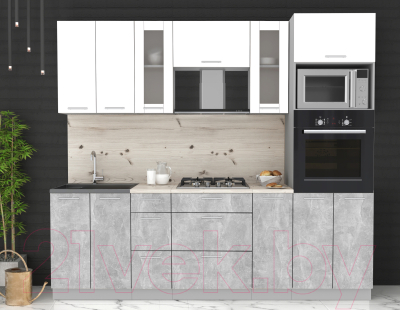 Кухонный гарнитур Интерлиния Мила 2.4 ВТ (белый платинум/бетон/бискайская сосна)