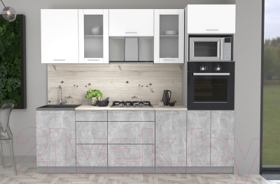 Кухонный гарнитур Интерлиния Мила 2.5 ВТ (белый платинум/бетон/бискайская сосн)