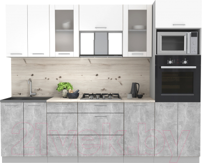 Кухонный гарнитур Интерлиния Мила 2.6 ВТ (белый платинум/бетон/бискайская сосна) - фото