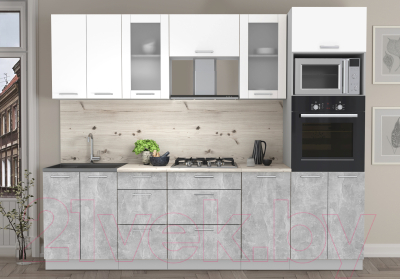 Кухонный гарнитур Интерлиния Мила 2.6 ВТ (белый платинум/бетон/бискайская сосна)