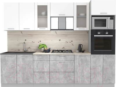 Кухонный гарнитур Интерлиния Мила 2.8 ВТ (белый платинум/бетон/бискайская сосна) - фото