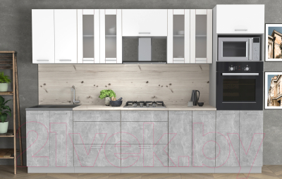 Кухонный гарнитур Интерлиния Мила 3.0 ВТ (белый платинум/бетон/бискайская сосна)