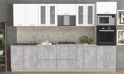 Кухонный гарнитур Интерлиния Мила 3.2 ВТ (белый платинум/бетон/бискайская сосна) - фото