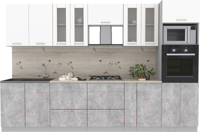 Кухонный гарнитур Интерлиния Мила 3.2 ВТ (белый платинум/бетон/бискайская сосна)