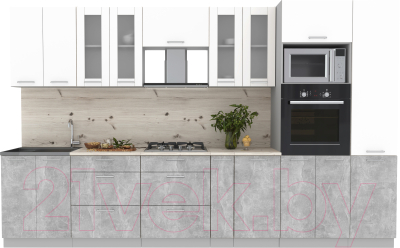 Кухонный гарнитур Интерлиния Мила 3.4 ВТ (белый платинум/бетон/бискайская сосна) - фото