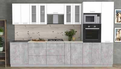 Кухонный гарнитур Интерлиния Мила 3.4 ВТ (белый платинум/бетон/бискайская сосна)
