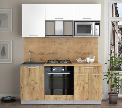 Кухонный гарнитур Интерлиния Мила 1.7 ВТ (белый платинум/дуб золотой/дуб бунратти)