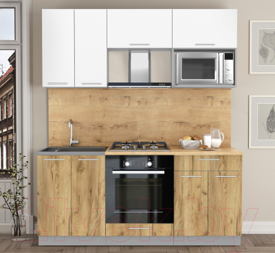 Кухонный гарнитур Интерлиния Мила 1.8 ВТ (белый платинум/дуб золотой/дуб бунратти)