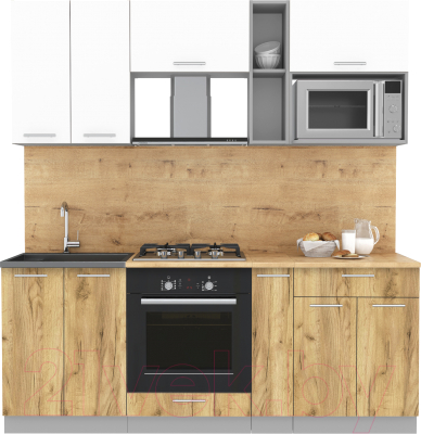 Кухонный гарнитур Интерлиния Мила 2.0 ВТ (белый платинум/дуб золотой/дуб бунратти) - фото