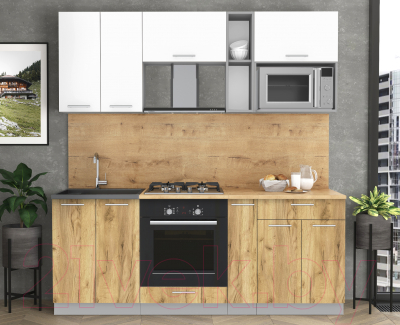 Кухонный гарнитур Интерлиния Мила 2.0 ВТ (белый платинум/дуб золотой/дуб бунратти)