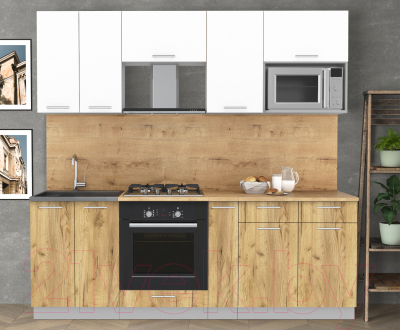 Кухонный гарнитур Интерлиния Мила 2.2 ВТ (белый платинум/дуб золотой/дуб бунратти) - фото