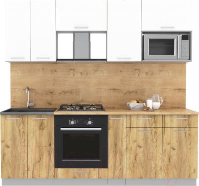 Кухонный гарнитур Интерлиния Мила 2.2 ВТ (белый платинум/дуб золотой/дуб бунратти)