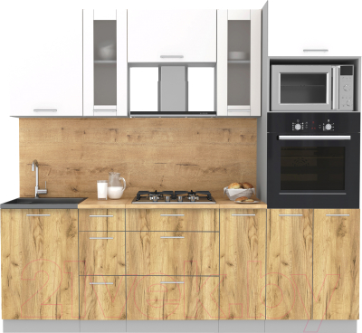 Кухонный гарнитур Интерлиния Мила 2.3 ВТ (белый платинум/дуб золотой/дуб бунратти) - фото