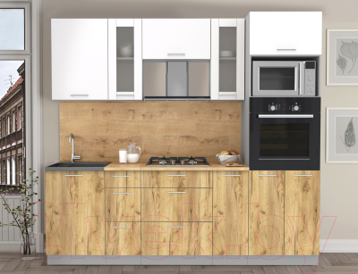 Кухонный гарнитур Интерлиния Мила 2.3 ВТ (белый платинум/дуб золотой/дуб бунратти)