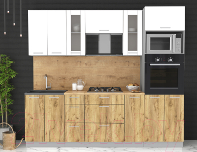 Кухонный гарнитур Интерлиния Мила 2.4 ВТ (белый платинум/дуб золотой/дуб бунратти)